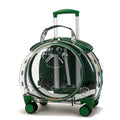 Green compact pet travel bag with a transparent geometric design, featuring wheels and handle for convenient travel with pets.