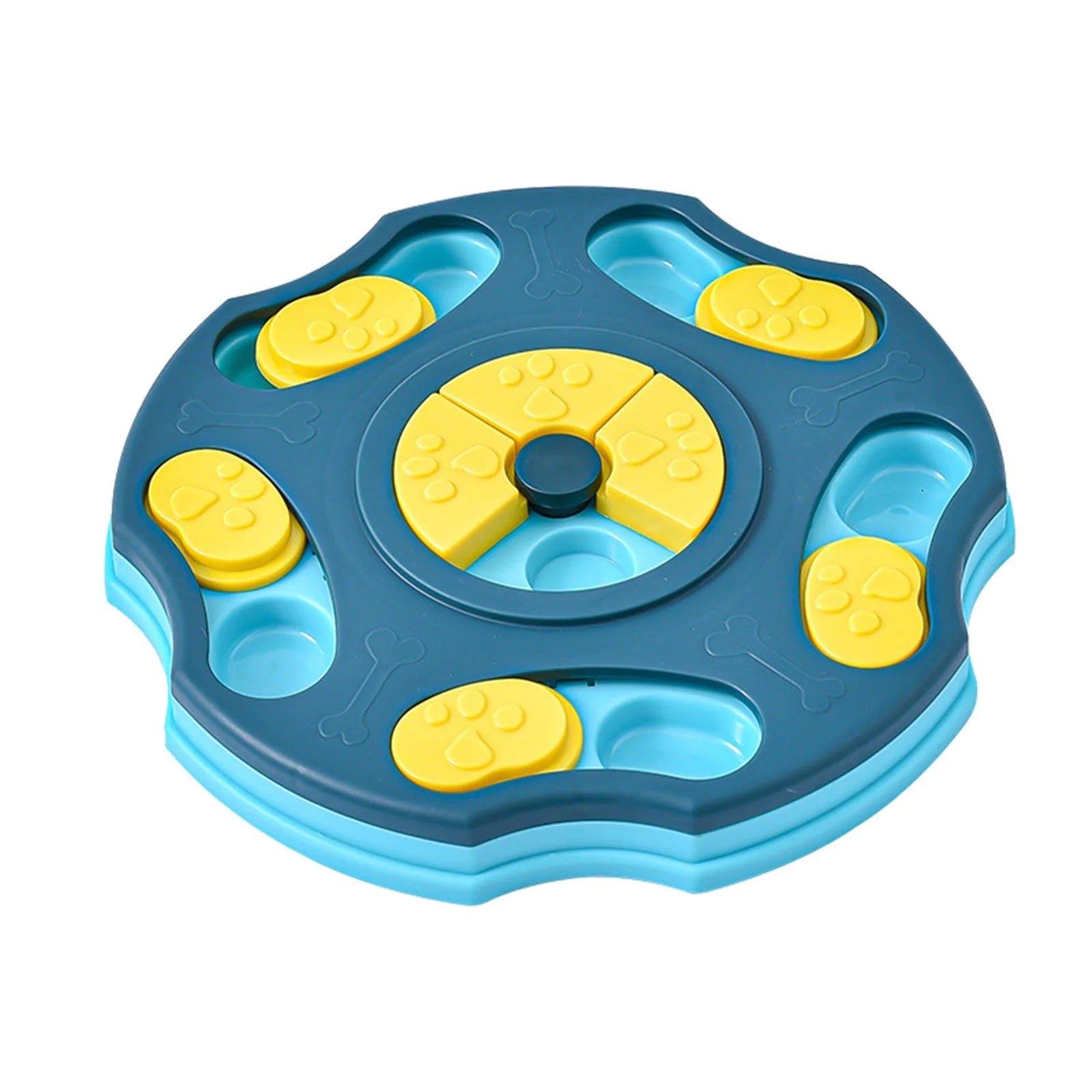 Interactive dog puzzle bowl showing compartments and sliding parts for slow feeding and mental stimulation.