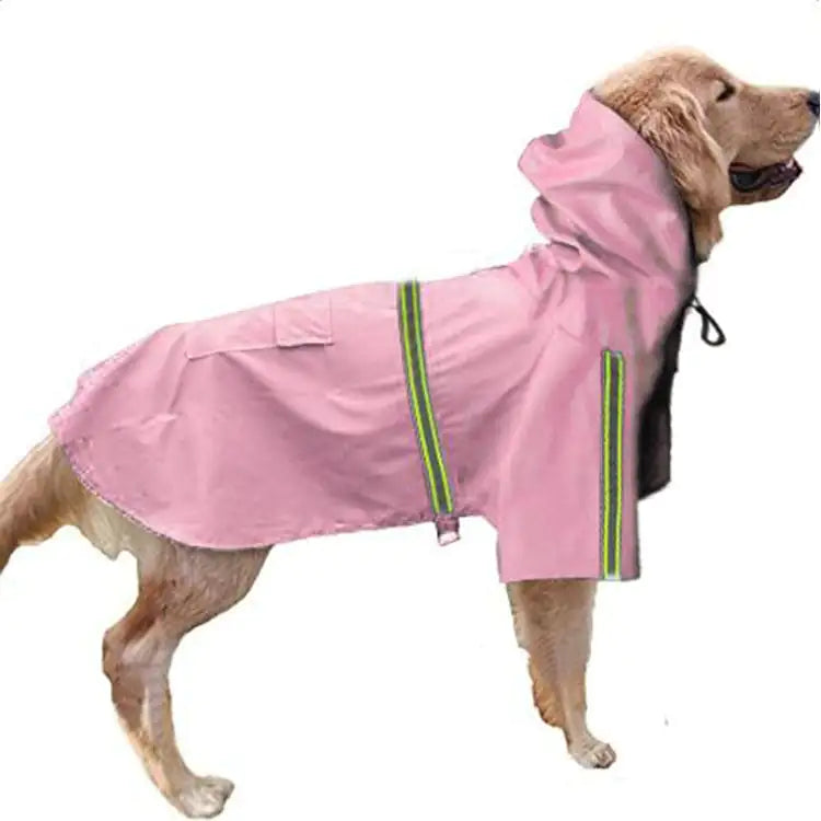 Golden retriever wearing a pink hi-vis waterproof dog raincoat with reflective strips for visibility.