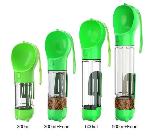 Green portable pet water dispensers in 300ml and 500ml sizes, with options for food storage, featuring ergonomic design for pet hydration.