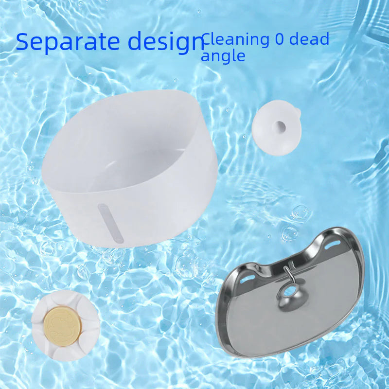Smart pet water dispenser with separate design and stainless steel bowl parts shown against a blue water background
