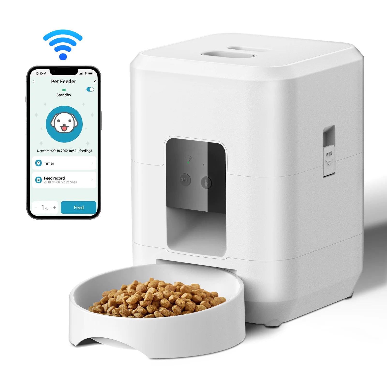 Smart pet feeding scheduler with remote timing and portion control displayed with a smartphone app and food bowl