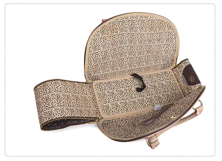 Stylish pet carrier bag for cats and dogs, open view showing spacious interior and leopard print design.