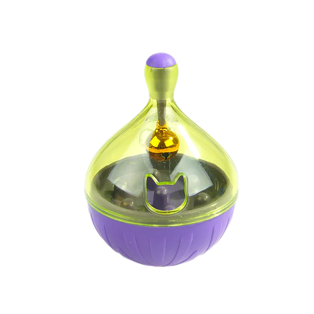 Interactive cat feeder toy with tumbler and feeder ball design for playful mealtime; bright yellow and purple colors.