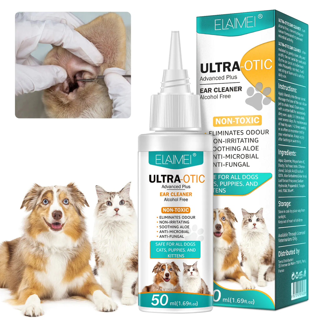 Pet ear cleaning solution 50ml for dogs and cats, gentle cleaner to remove debris and prevent infections, product packaging and pets shown