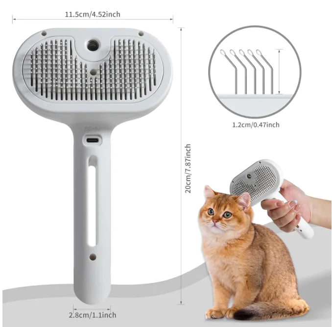 Pet hair spray brush with built-in water tank for cats and dogs, innovative grooming tool, shown with size dimensions and a cat.