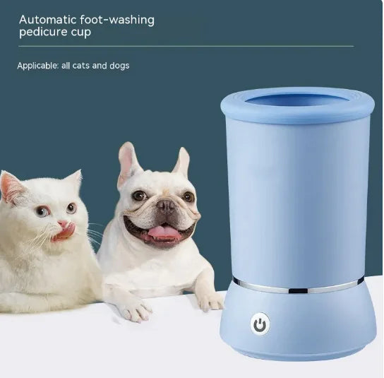 Blue automatic pet paw cleaner with silicone bristles for cats and dogs, next to a cat and a dog.