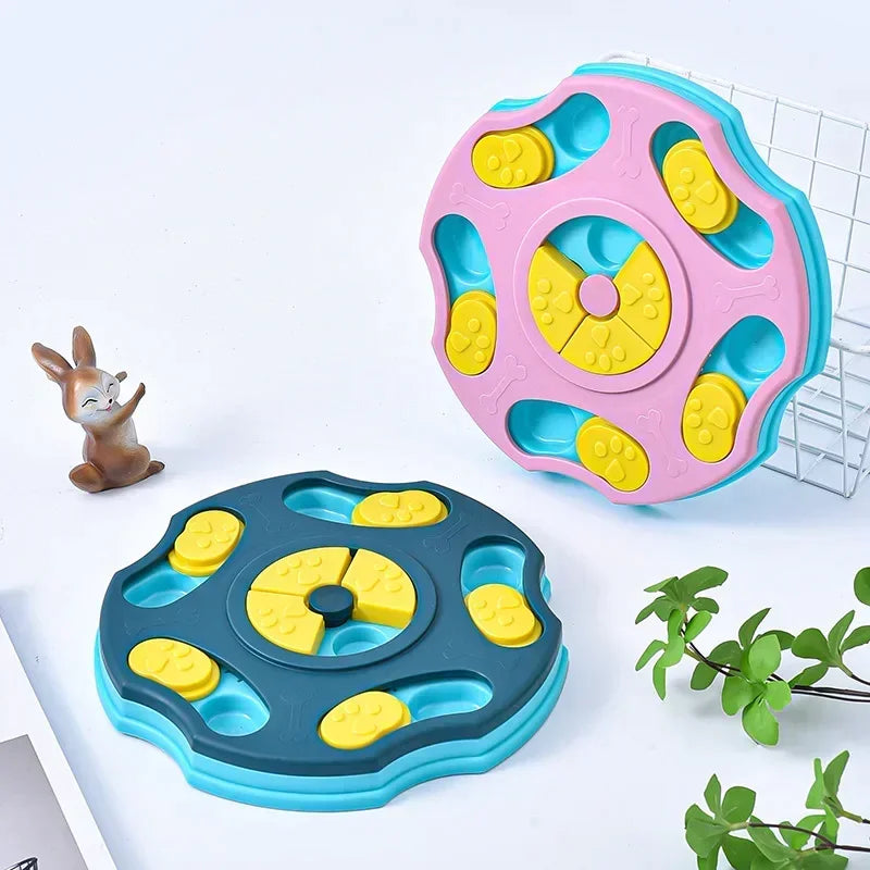 Colorful interactive dog puzzle bowl for slow feeding and mental stimulation.